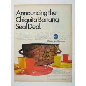Vintage Chiquita Banana Seal Picnic Basket Ad Print 1960s Eagle MOD Home Decor